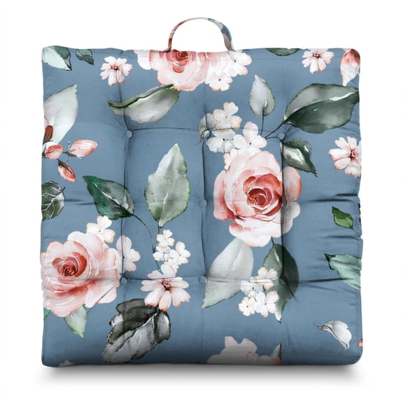 Botanical Floral Floor Pillow - Oversized Square Zabuton with Floral and Hummingbird Design