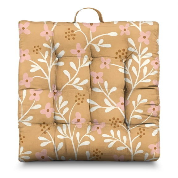 Botanical Floral Floor Pillow - Oversized Square Zabuton with Floral and Hummingbird Design