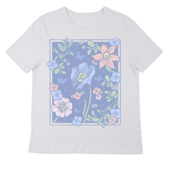 Botanical Floral Frame Crew Neck Short Sleeve Women's White Perfect Tee-3XL