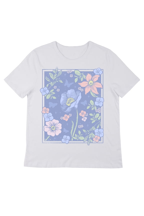 Botanical Floral Frame Crew Neck Short Sleeve Women's White Perfect Tee-XL
