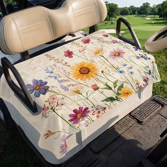 Botanical Floral Golf Cart Seat Covers, Retro Purple Pink Yellow Wildflowers Golf Cart Seat Towel Cover for 2/4 Seater Bench Seats, Breathable Washable Dust & Sun Protection Seats Blanket 51''x31''