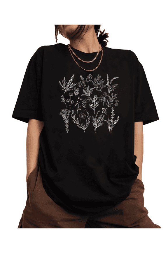 Botanical Floral Graphic Breathable Casual Tee T-Shirt Print Top Short Sleeve Round Neck Black S-5XL