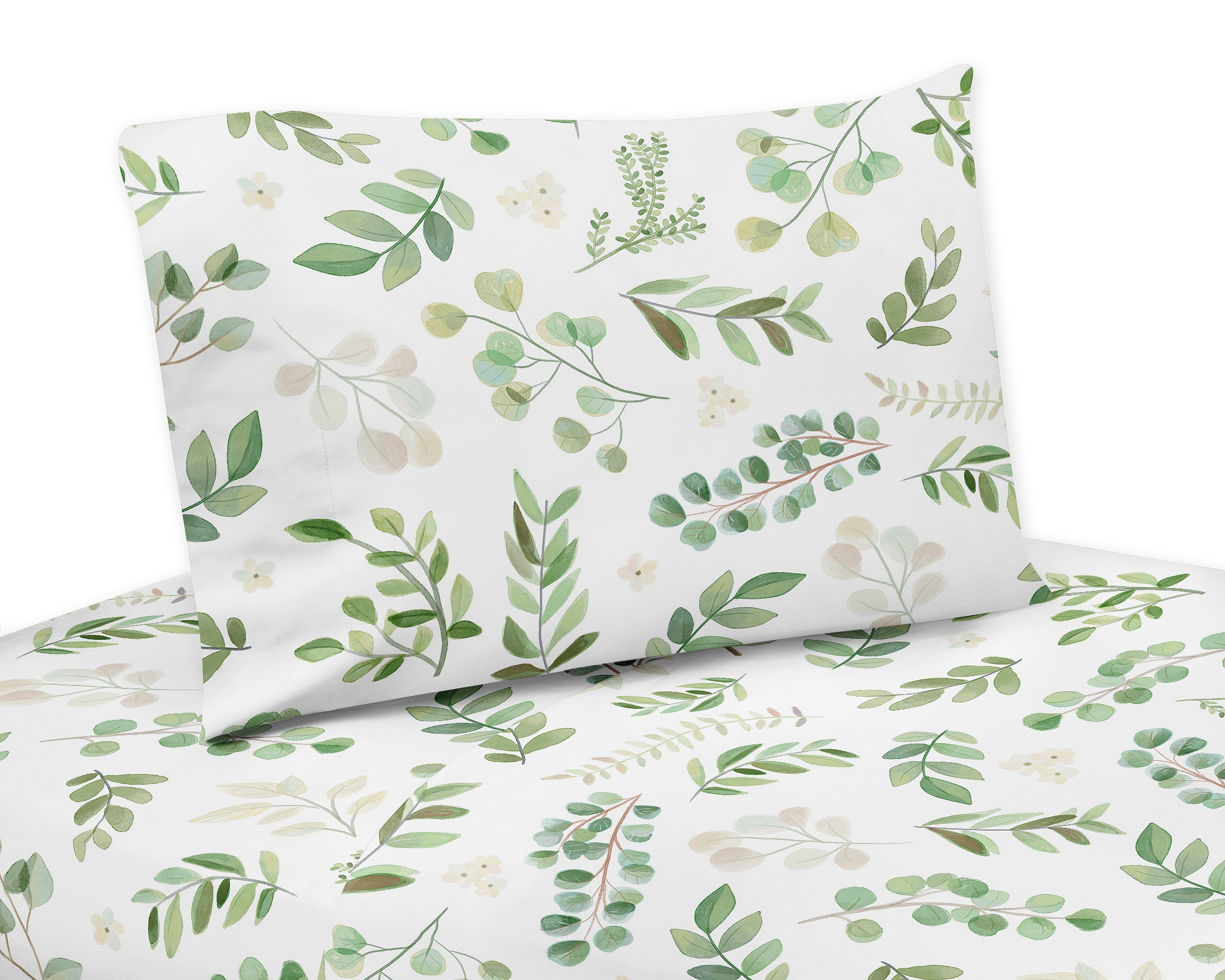 Queen White and Green Microfiber Botanical Leaf Sheet Set