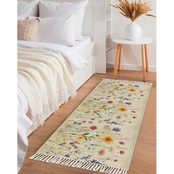 Botanical Floral Hallway Runner Rug 2x6ft,Retro Purple Pink Yellow Wildflowers Washable Woven Living Room Bedroom Kitchen Bathrom Carpet with Tassels,Indoor Outdoor Throw Door Mat for Entryway