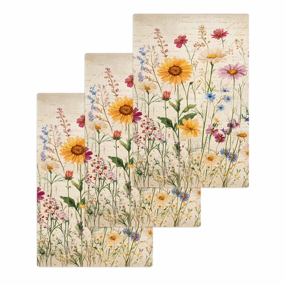 Botanical Floral Hand Towels Set,Waffle Weave Kitchen Towels 3 Pieces,Microfiber Hair Face Bath Tea Towel Absorbent Quick Drying Cleaning Dish Cloths,Retro Purple Pink Yellow Wildflowers 15.7"x23.6"