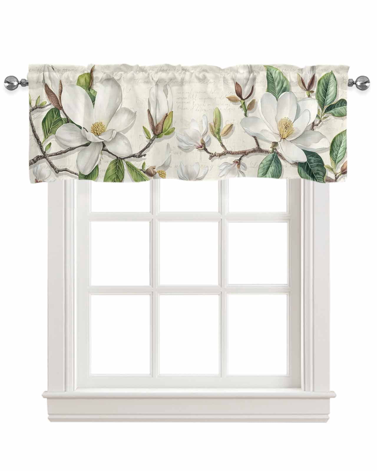 Botanical Floral Kitchen Valances for Windows Farmhouse Linen Window Valance Curtain for Living Room Window Treatment Retro Country Magnolia Flowers Leaves Valance Rod Pocket Topper, 60 x 18 Inch
