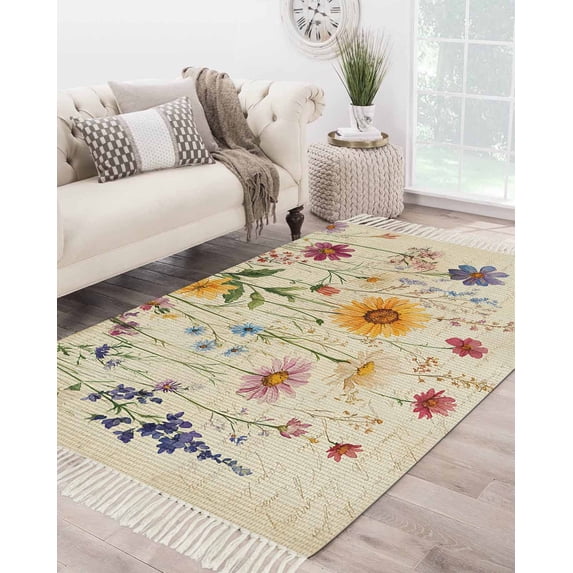 Botanical Floral Large Area Rug 4x6ft Woven Runner Rug,Retro Purple Pink Yellow Wildflowers Washable Living Room Bedroom Kitchen Bathroom Classroom Carpet with Tassels,Indoor Outdoor Throw Door Mat