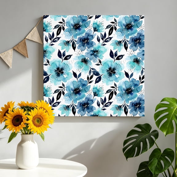 Botanical Floral Leaves Canvas Wall Art, Watercolor Painting Blue Gradient Blooms Pictures Wall Decor Wooden Framed Artwork Art Prints for Living Room Hallway Bedroom Office 10"x10"