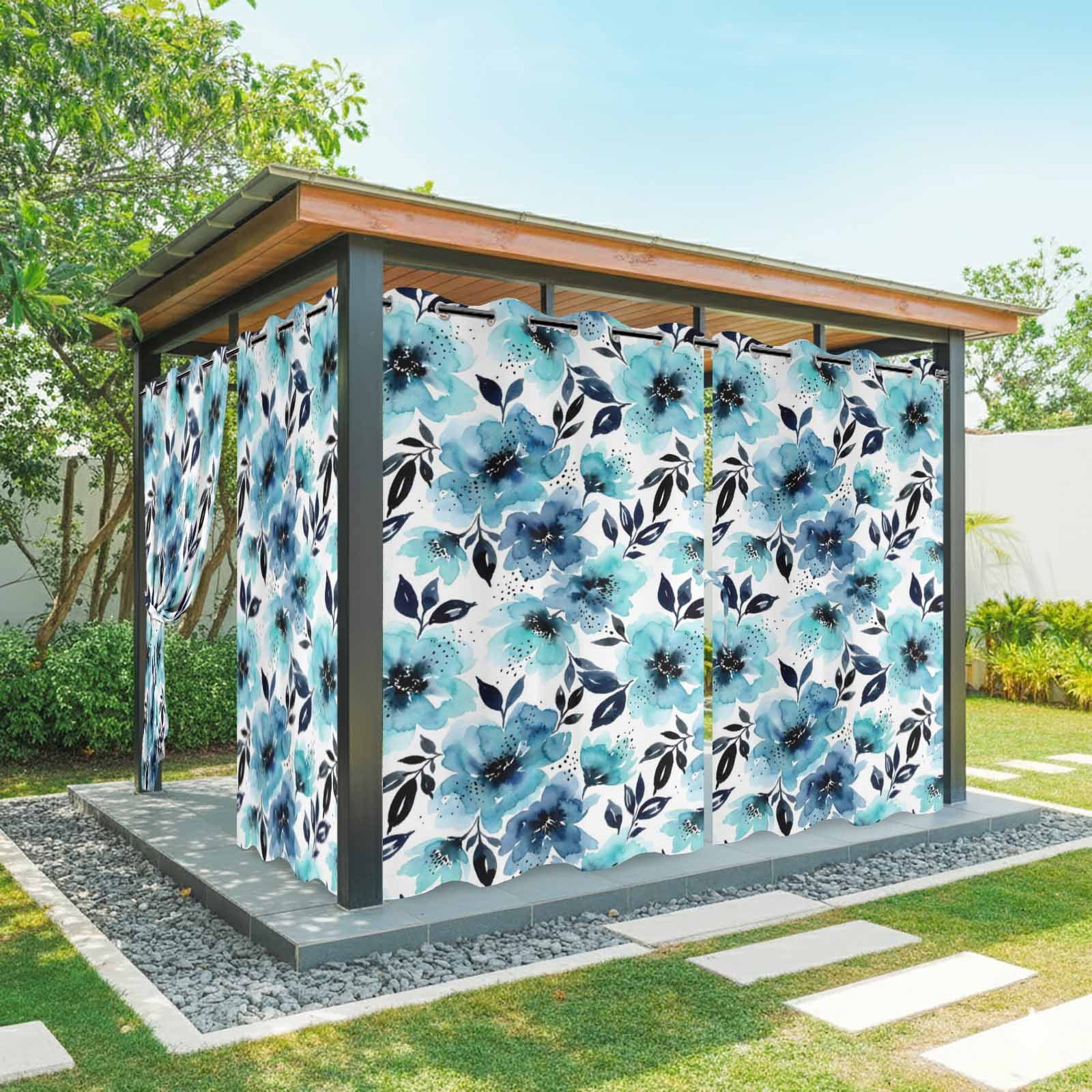 Botanical Floral Leaves Outdoor Curtains for Patio, Watercolor Painting Blue Gradient Blooms Sunshade Privacy Drapes Grommet Waterproof Outside Curtains for Porch/Cabana/Balcony 54"x 108", 1 Panel