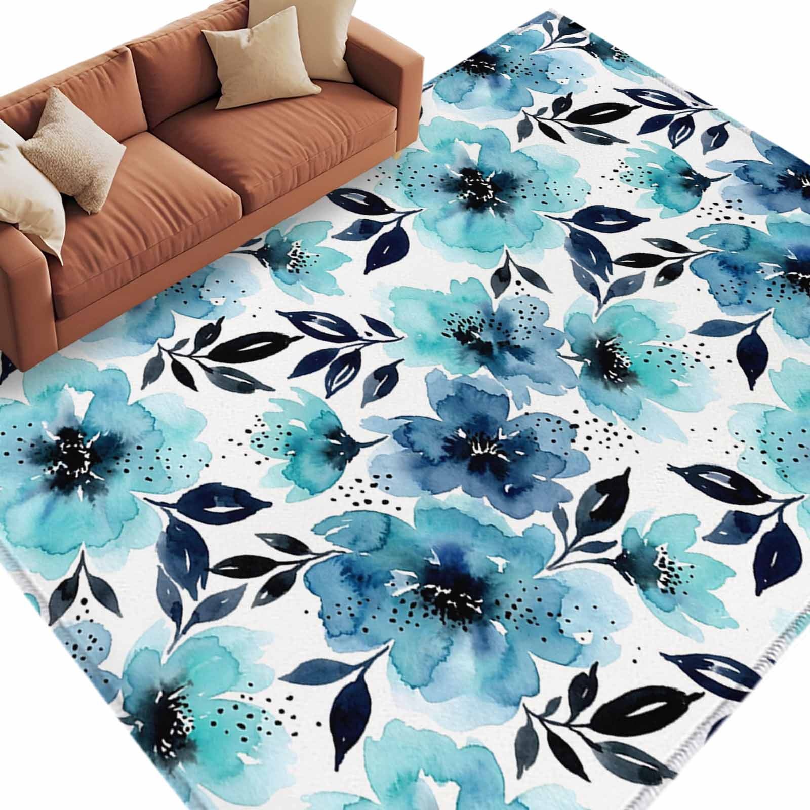 Botanical Floral Leaves Washable Living Room Rugs 9'x12', Watercolor ...