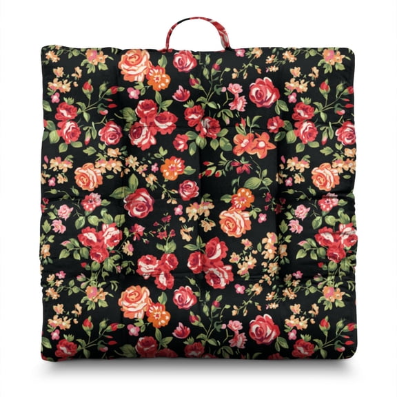 Botanical Floral Meditation Seat - Full & Fluffy Square Cushion with Romantic Rose Pattern