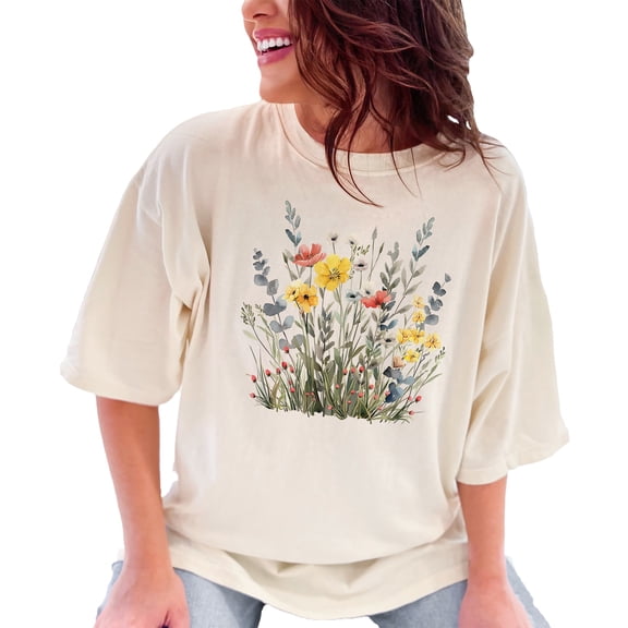 Botanical Floral Print T-Shirt, Colorful Wildflowers Graphic Tee, Nature-Inspired Garden Shirt, Casual Summer Top, Artistic Floral Design, Ivory Comfort Colors T-Shirt, Large
