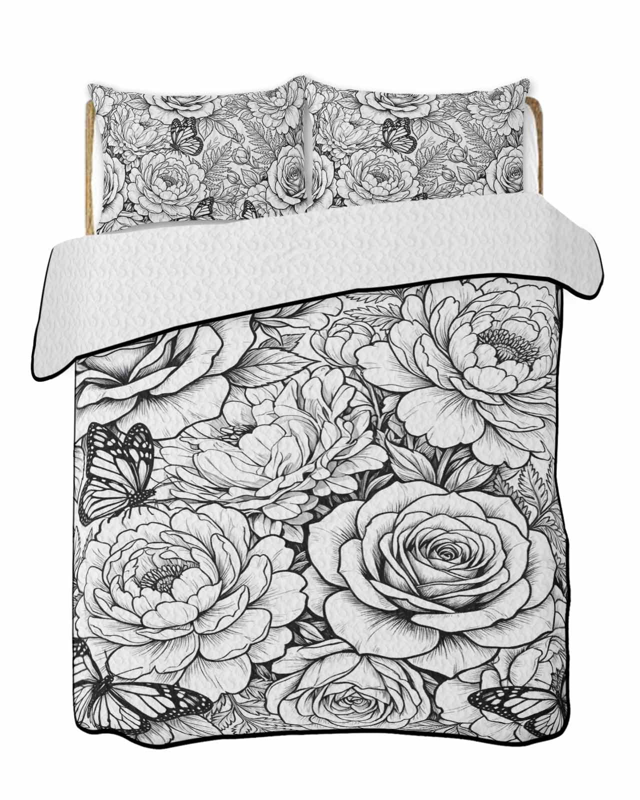 Botanical Floral Quilts Bedding Set King Size Black and White Roses ...
