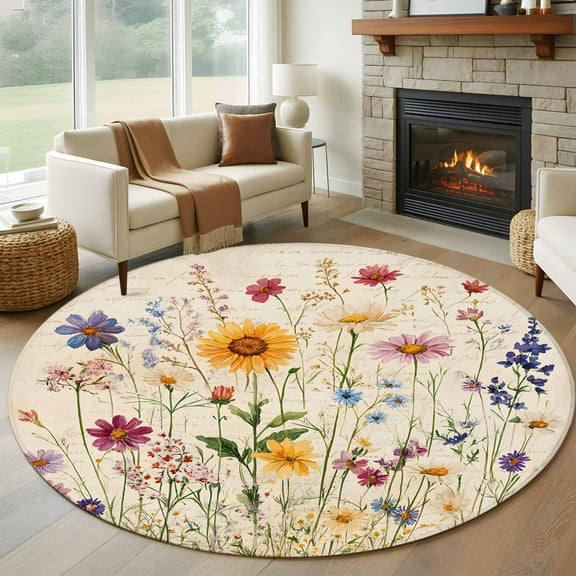 Botanical Floral Round Area Rug 6 FT, Non Slip Bedroom Area Rug, Retro Purple Pink Yellow Wildflowers Washable Soft Circular Carpet Floor Mat for Kitchen Dining Room Home Office Kids Room