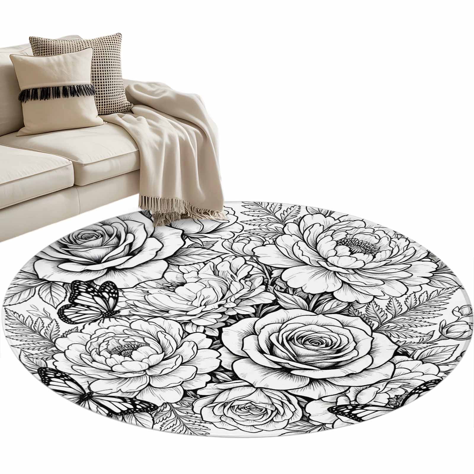 Botanical Floral Round Living Room Rugs 4 ft, Black and White Roses ...