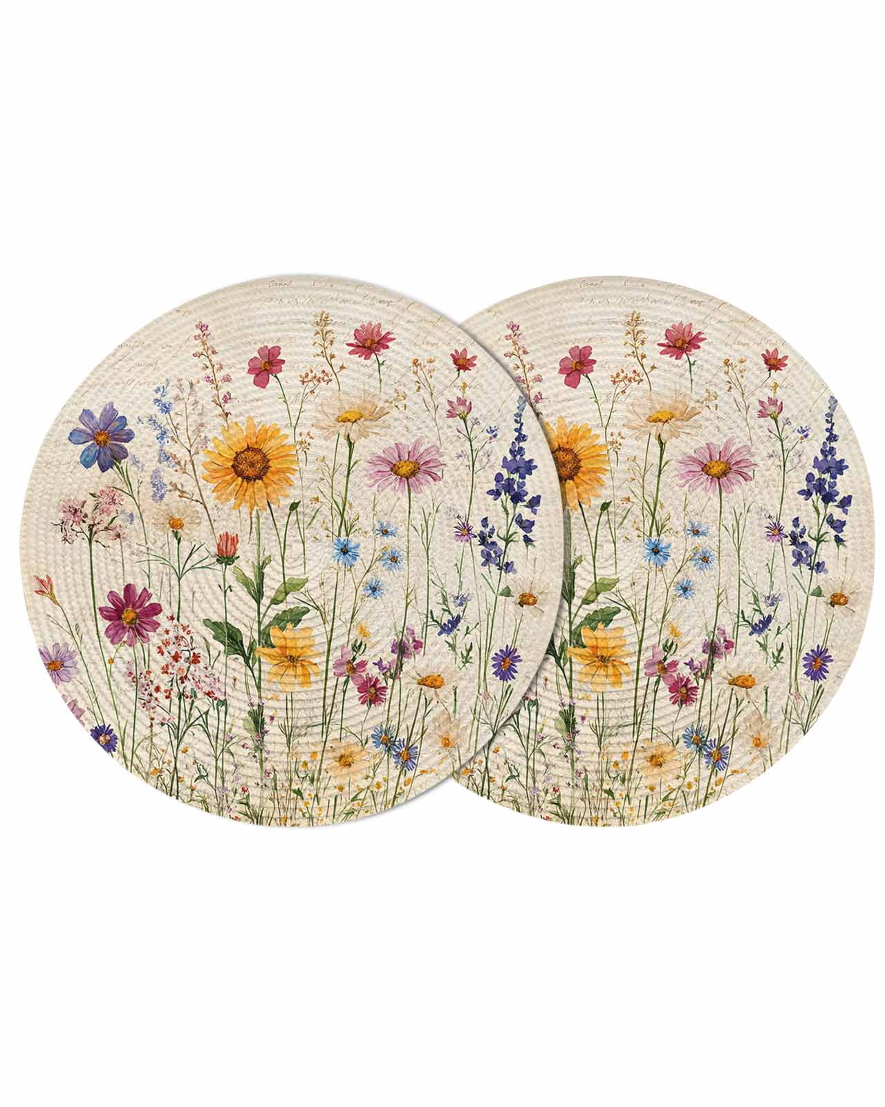 Botanical Floral Round Placemats Set of 2, Braided Polypropylene Place ...