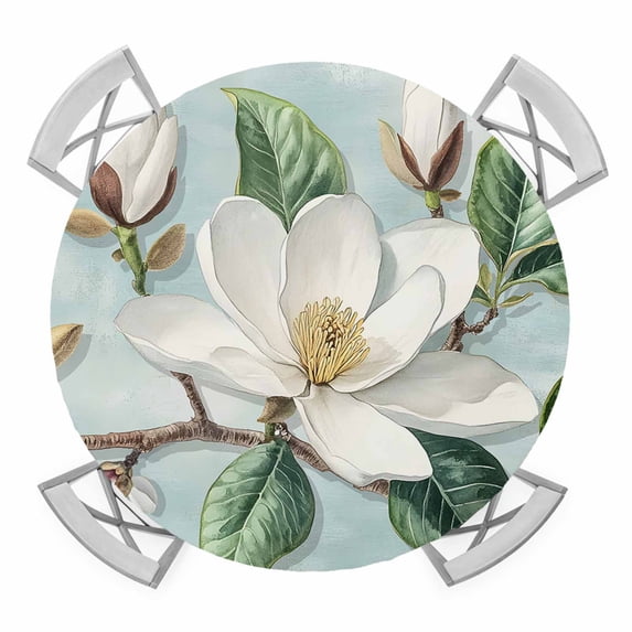 Botanical Floral Round Tablecloth for 55-60 Inch Tables,Fitted Table Cover with Elastic Edge,Pastoral Magnolia Flowers Leaves Plant Waterproof Outdoor Table Cloth Protector for Patio Garden Dinner