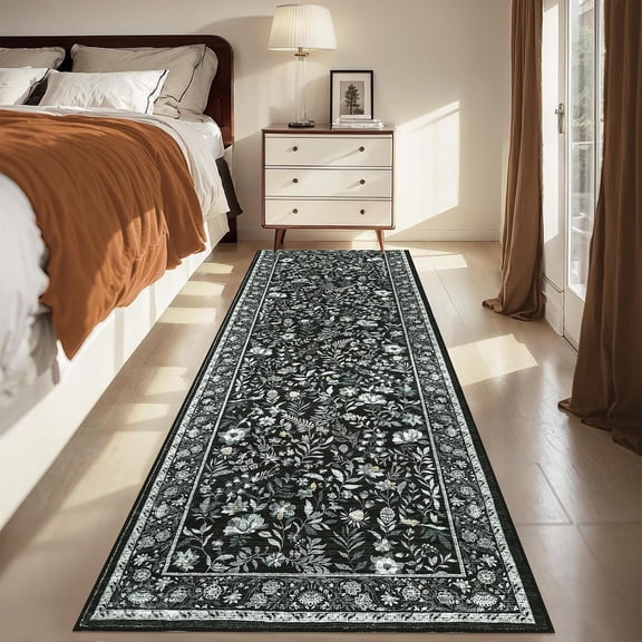 Botanical Floral Rug Runners 2x6 Farmhouse Floor Runner with Non-Slip Backing, Stain-Resistant Bordered Hallway Rug, Foldable Ultra-Thin Indoor Carpet for Laundry, Bedroom, Kitchen, Black