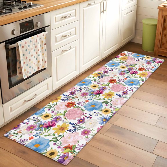 Botanical Floral Runner Rug for Hallway 2x6ft, Nature Flower Wild Flower Boho Plant Leaves Non Slip Floor Mat Washable Low-Profile Indoor Carpet for Living Room, Bedroom, Dining Room