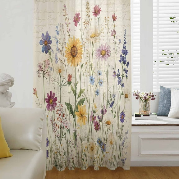 Botanical Floral Semi Sheer Curtains Drapes for Living Room, Bedroom, French Doors Window 96 Inches Long, Retro Purple Pink Yellow Wildflowers Rod Pocket Chiffon Curtain Drapery Voile Drape Panel