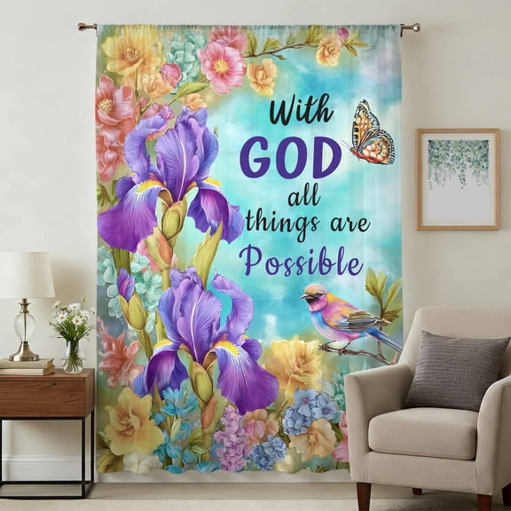 Botanical Floral Sheer Curtains 45 Inches Long, with God All Things Are Possible Light Filering Curtains, Breathable Simi Curtain Privacy Drapes for Kitchen Bathroom Small Window Treatment