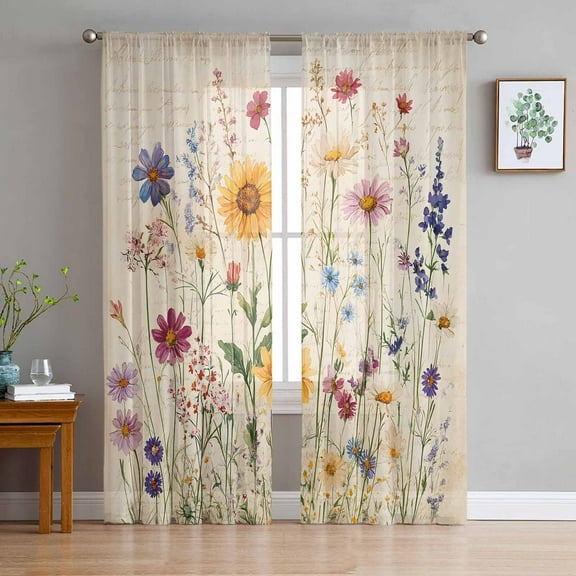 Botanical Floral Sheer Curtains 84 Inches Long 2 Panels Set, Window Sheer Curtains for Living Room/Bedroom, Retro Purple Pink Yellow Wildflowers Light Filtering Rod Pocket Curtain 52'' x 84'' x 2