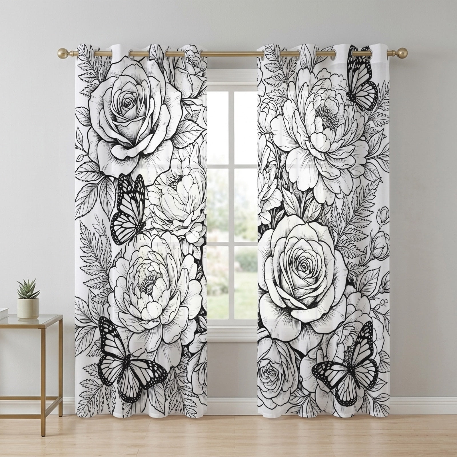 Windows 79 Botanical Floral Sheer Curtains 90 Inch Long 2 Panels, Black and White ...