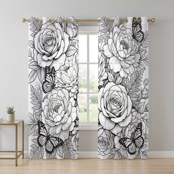 Botanical Floral Sheer Curtains 90 Inch Long 2 Panels, Black and White ...