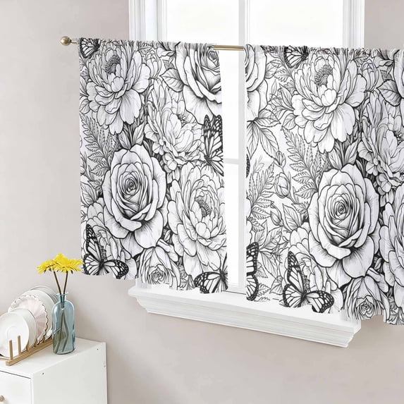 Botanical Floral Sheer Curtains for Living Room Bedroom, Black and ...
