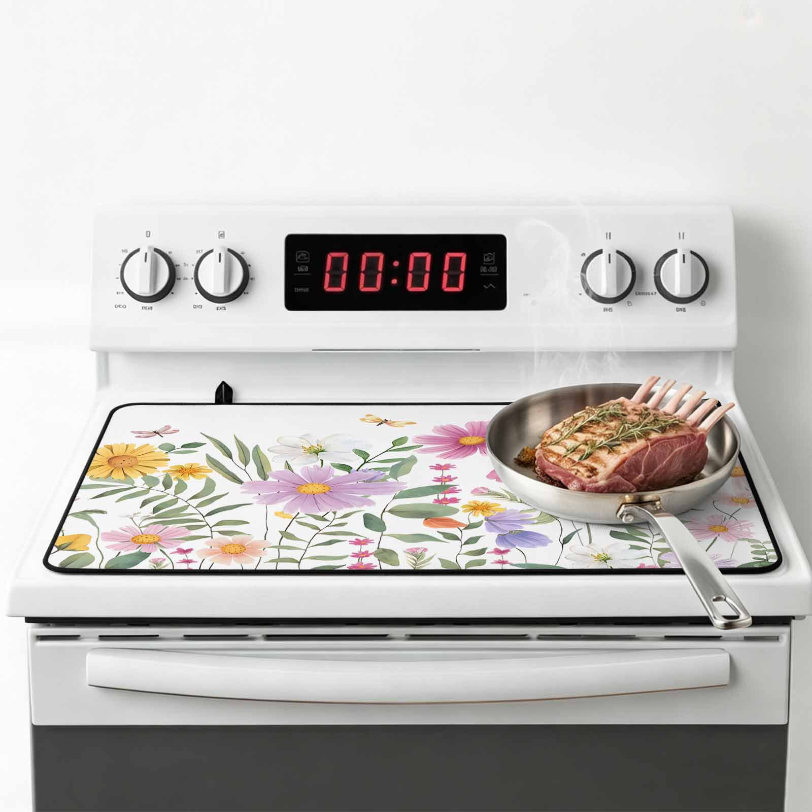 Botanical Floral Stove Top Cover for Electric Stove, Heat-proof & Non Slip Glass Top Stove Cover Protector, Spring Colorful Flowers Butterfly Kitchen Flat Cooktop Rubber Mat 24x21 Inches