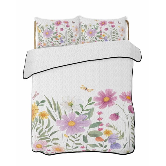 Botanical Floral Summer Quilt Set Queen Size, Soft Microfiber Quilted Bedding Set with 2 Pillow Shams, Spring Colorful Flowers Butterfly Lightweight All Season Bedspread Coverlet for Bedroom 90"x96"