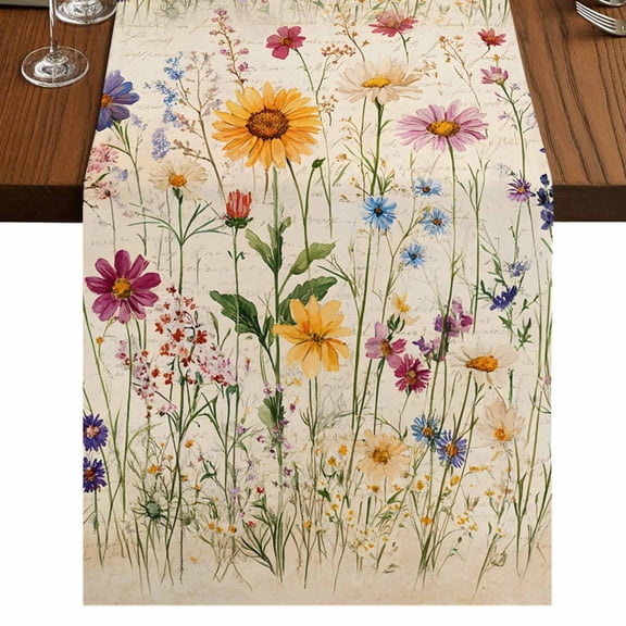 Botanical Floral Table Runner 70 Inches Long,Retro Purple Pink Yellow Wildflowers Cotton Linen Table Runners Dresser Scarves,Decorative Tabletop Scarf Furniture Cover for Home Dinner Party 13"x70"