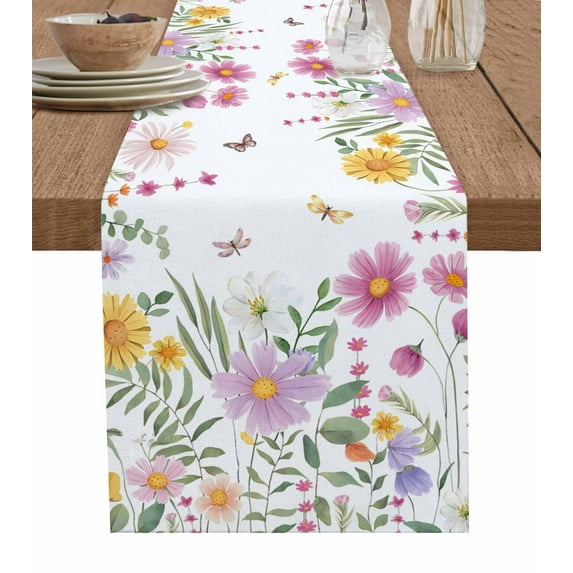 Botanical Floral Table Runner Cotton Linen 120 Inch Holiday Dresser Scarves, Spring Colorful Flowers Butterfly Tablerunner for Kitchen Coffee Dining Bedroom Living Room Dinner Scarf Décor 13''x120''