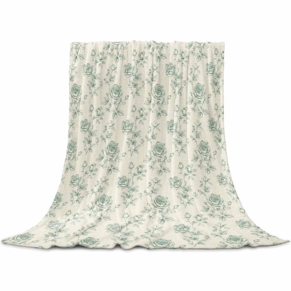 Botanical Floral Throw Blanket for Couch, Soft Lightweight Flannel Fleece Blanket, Green Flowers Farmhouse Spring Summer Microfiber Plush All Season Decorative Blankets for Sofa Office Lap 30"x40"