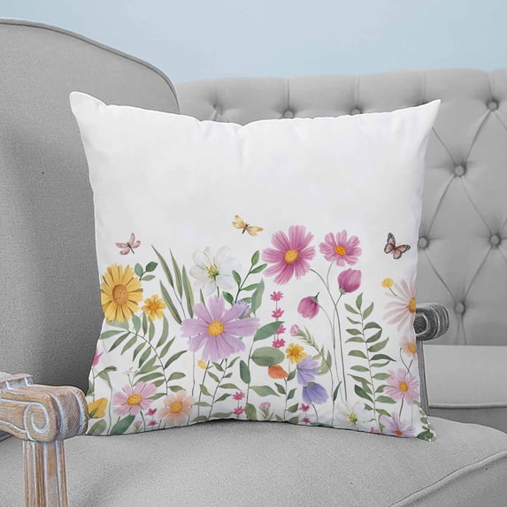 Botanical Floral Throw Pillow Covers, Soft Pillowcases with Invisible Zipper, Spring Colorful Flowers Butterfly Decorative Square Pillow Cushion Covers for Living Room Couch Sofa Bed 26x26 Inches