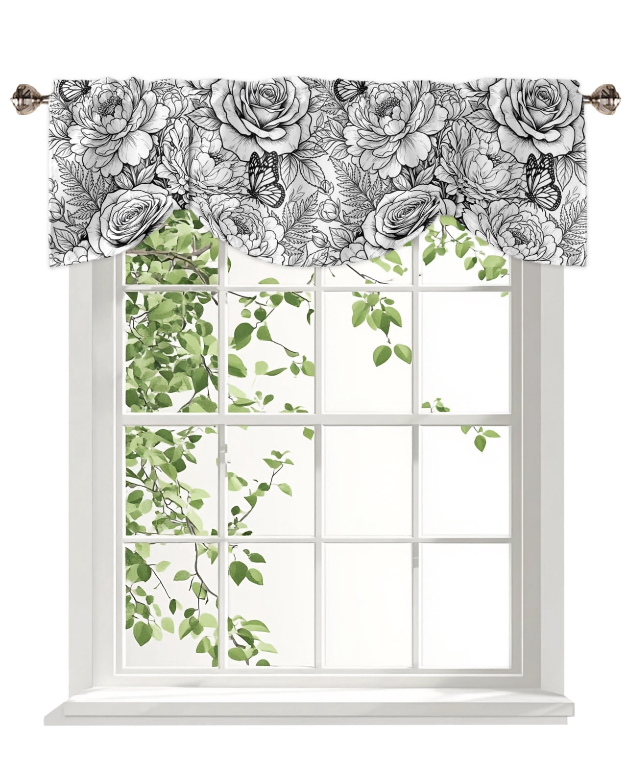 Botanical Floral Tie Up Valances Curtain, Black and White Roses Peonies ...