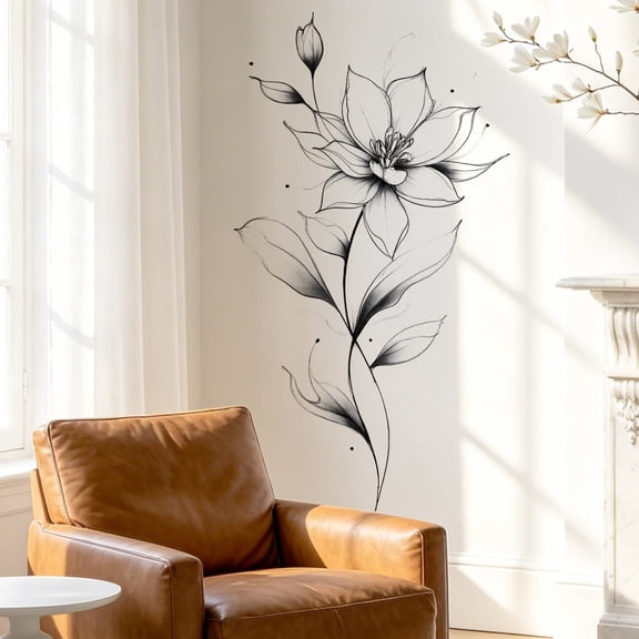 Botanical Floral Wall Decal with Black and White Line Art Design,Self-Adhesive Vinyl,for Living Room Bedroom and Office,Modern Wall Art