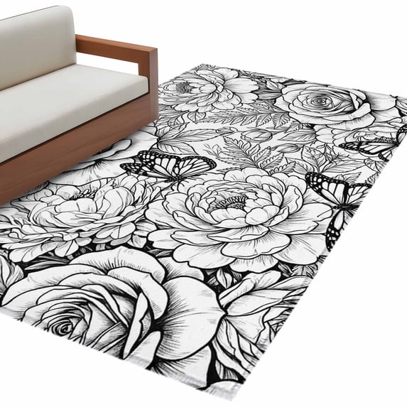 Botanical Floral Washable Area Rugs 4'x6', Black and White Roses ...