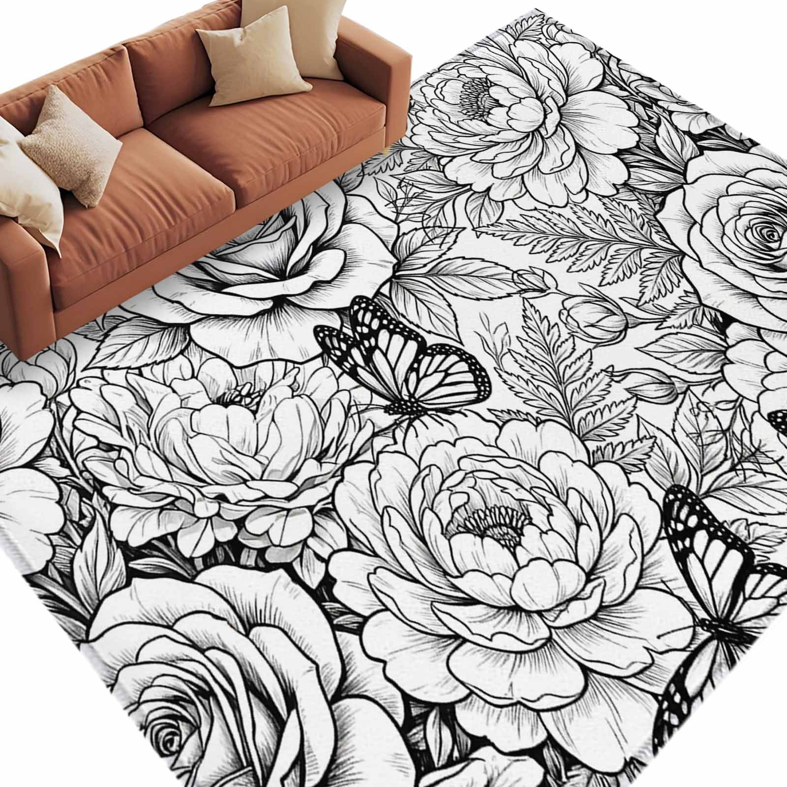 Botanical Floral Washable Living Room Rugs 5'x8', Black and White Roses ...