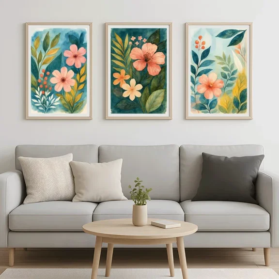 Botanical Floral Watercolor Prints Set of 3 | Teal Boho Home Wall Art Decor, Poster Only