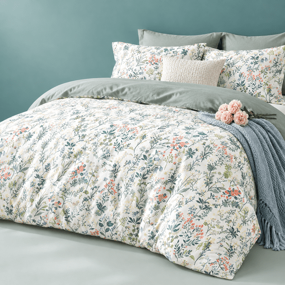 Botanical Floral - White & Dusty Green Full/Queen (90"×90") 3pc Lightweight Down Alternative Bedding Comforter Set