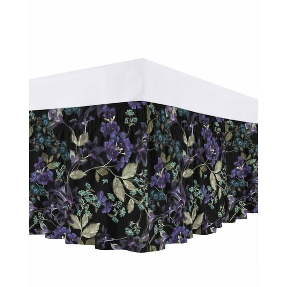 Botanical Flower Bed Skirt Queen Size 16" Drop Purple Flower Symmetrical Texture Ruffled Wrap Around Bed Skirts Adjustable Elastic Bedskirt Dust Ruffle for Queen Size Bed