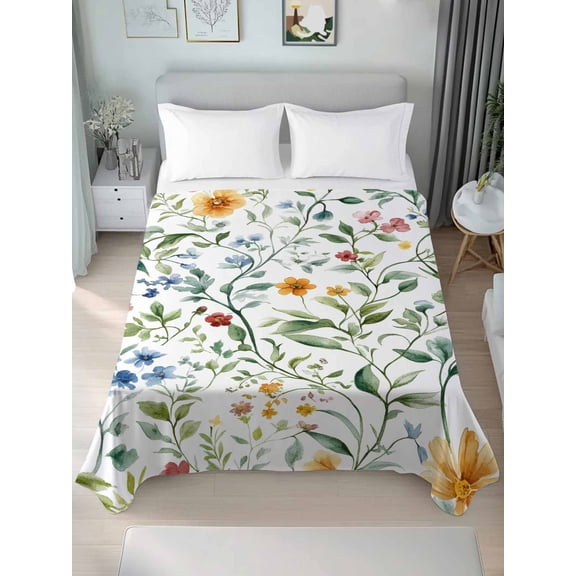 Botanical Flower California King Size Flat Sheet, Wrinkleproof & Fadeproof Cooling Flat Bed Sheet Only, Plant Tree Branch Floral Spring Leaf Breathable Soft Bedding Top Sheets 108 x 98 Inches