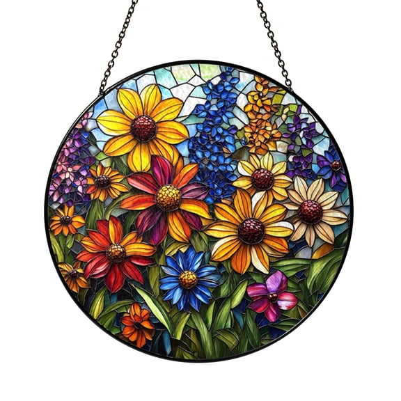 Botanical Flower Garden Faux Stained Glass Round Window Decor2001