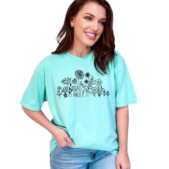 Botanical Flower Garden Graphic T-Shirt, Nature Inspired Black and White Floral Tee, Hand Drawn Flower Illustration Shirt, Casual Tee, Chalky Mint Comfort Colors T-Shirt, Small