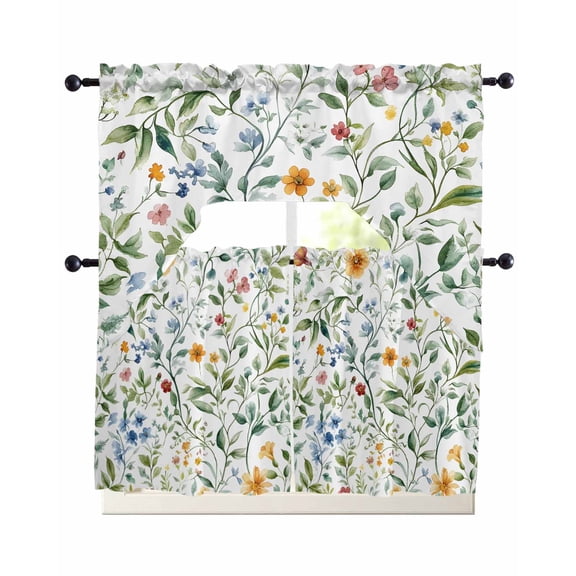 Botanical Flower Kitchen Curtain and Valance Set 3 Pieces,Rod Pocket Short Tier Curtains 24 Inch Length,Plant Tree Branch Floral Spring Leaf Swag Topper Small Window Treatment for Cafe Bedroom
