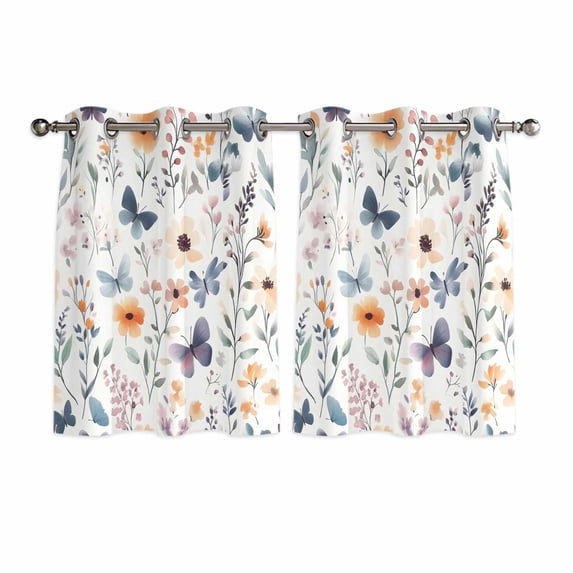 Botanical Flower Kitchen Curtains Short 54 Inch Length, Country Farm Butterfly Spring Plant Grommet Top Bedroom Living Room Curtains, Light Filtering Cafe Curtain Drapes 2 Panels Set 84''x54''