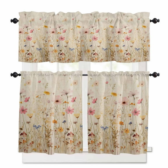 Botanical Flower Kitchen Curtains and Valances Set, 3 Piece Kitchen Curtains Set 36 Inch Length, Retro Colored Spring Floral Herb Rod Pocket Curtains Tier Farmhouse Window Curtains