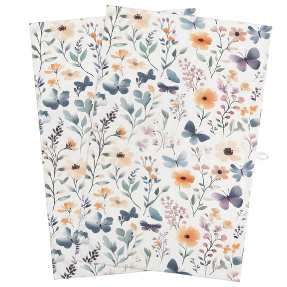 Botanical Flower Kitchen Towels, Absorbent Microfiber Kitchen Dish Hand Tea Bath Towel, Country Farm Butterfly Spring Plant Quick Dry Cleaning Cloth Dishclothes Decorative Sets, (2-PC, 18x28)