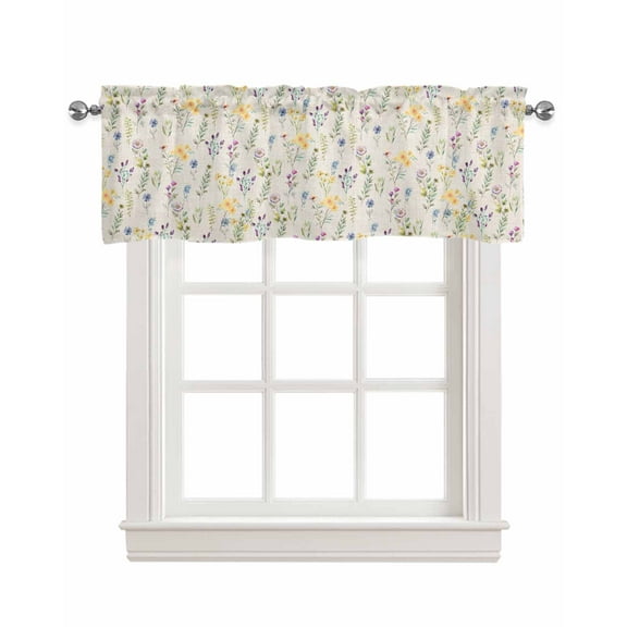 Botanical Flower Linen Curtain Valance for Bedroom/Bathroom/Kitchen/Office/Living/Dining Room Windows, Rustic Watercolor Floral Flower Rod Pocket Topper Decorative Cafe Drapes Panel 54"x18"
